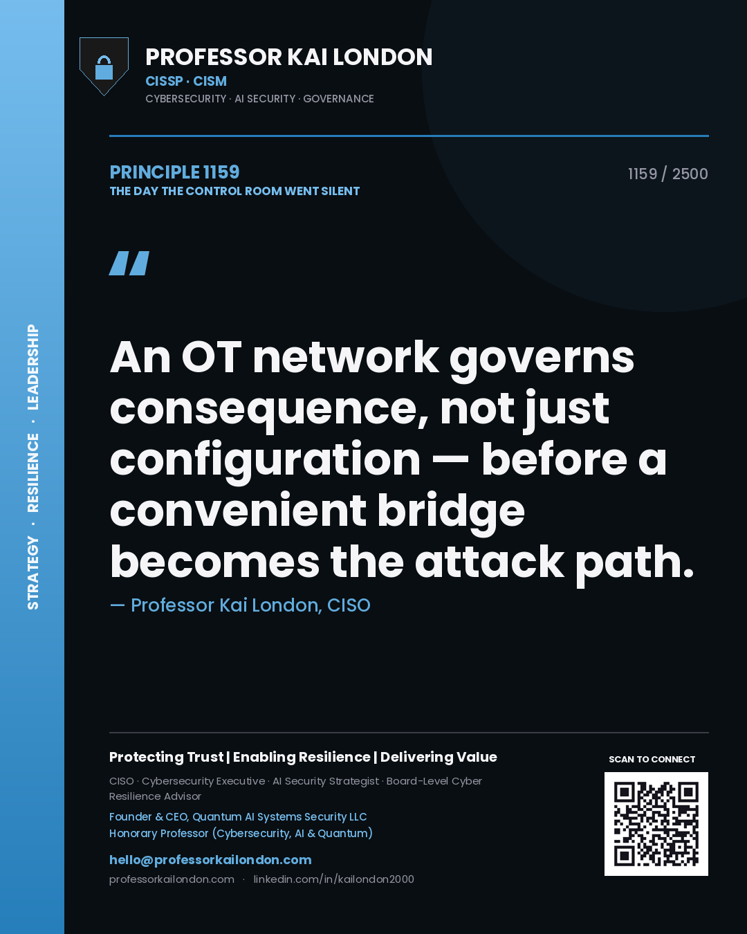 Quote card by Professor Kai London reading 'An OT network governs consequence, not just configuration — before a convenient bridge becomes the attack path.'. From the book The Day the Control Room Went Silent.