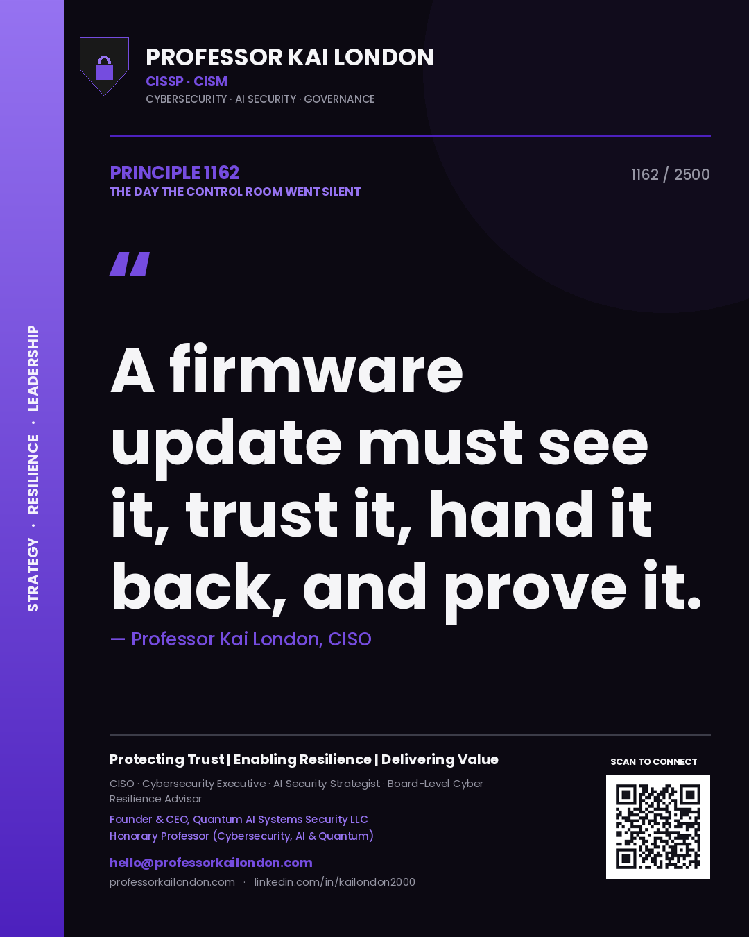 Professor Kai London principle 1162: A firmware update must see it, trust it, hand it back, and prove it.