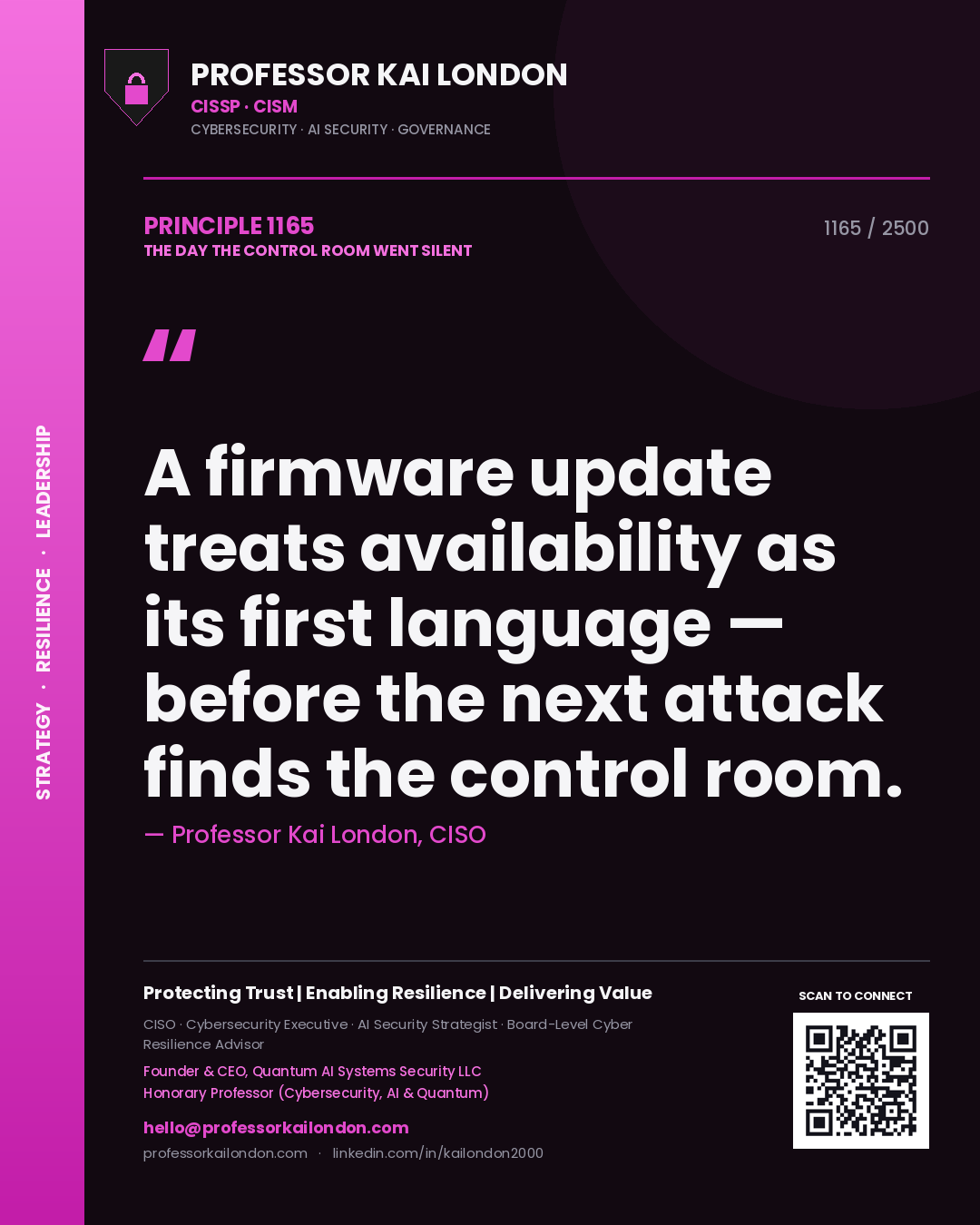Quote card by Professor Kai London reading 'A firmware update treats availability as its first language — before the next attack finds the control room.'. From the book The Day the Control Room Went Silent.