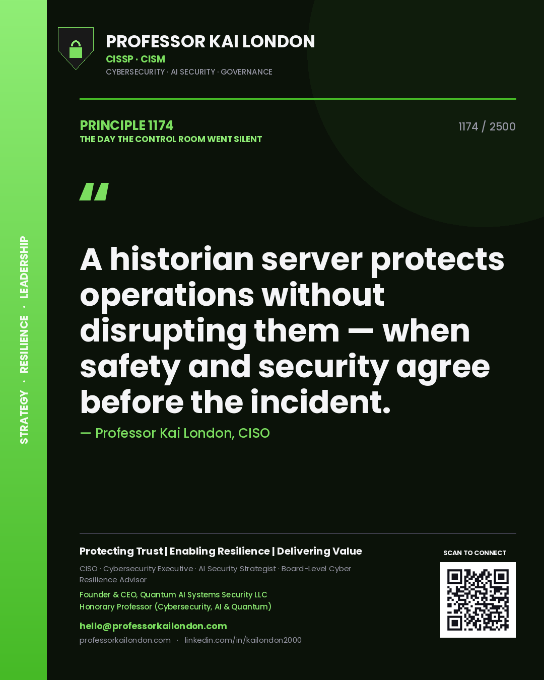 Quote card by Professor Kai London reading 'A historian server protects operations without disrupting them — when safety and security agree before the incident.'. From the book The Day the Control Room Went Silent.