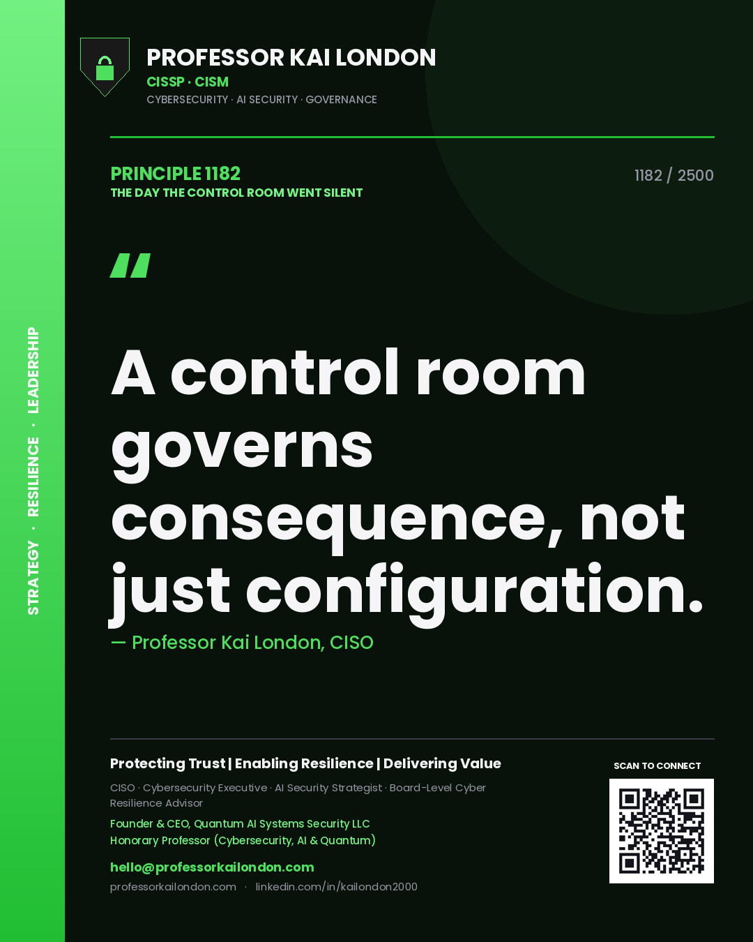 Professor Kai London principle 1182: A control room governs consequence, not just configuration.