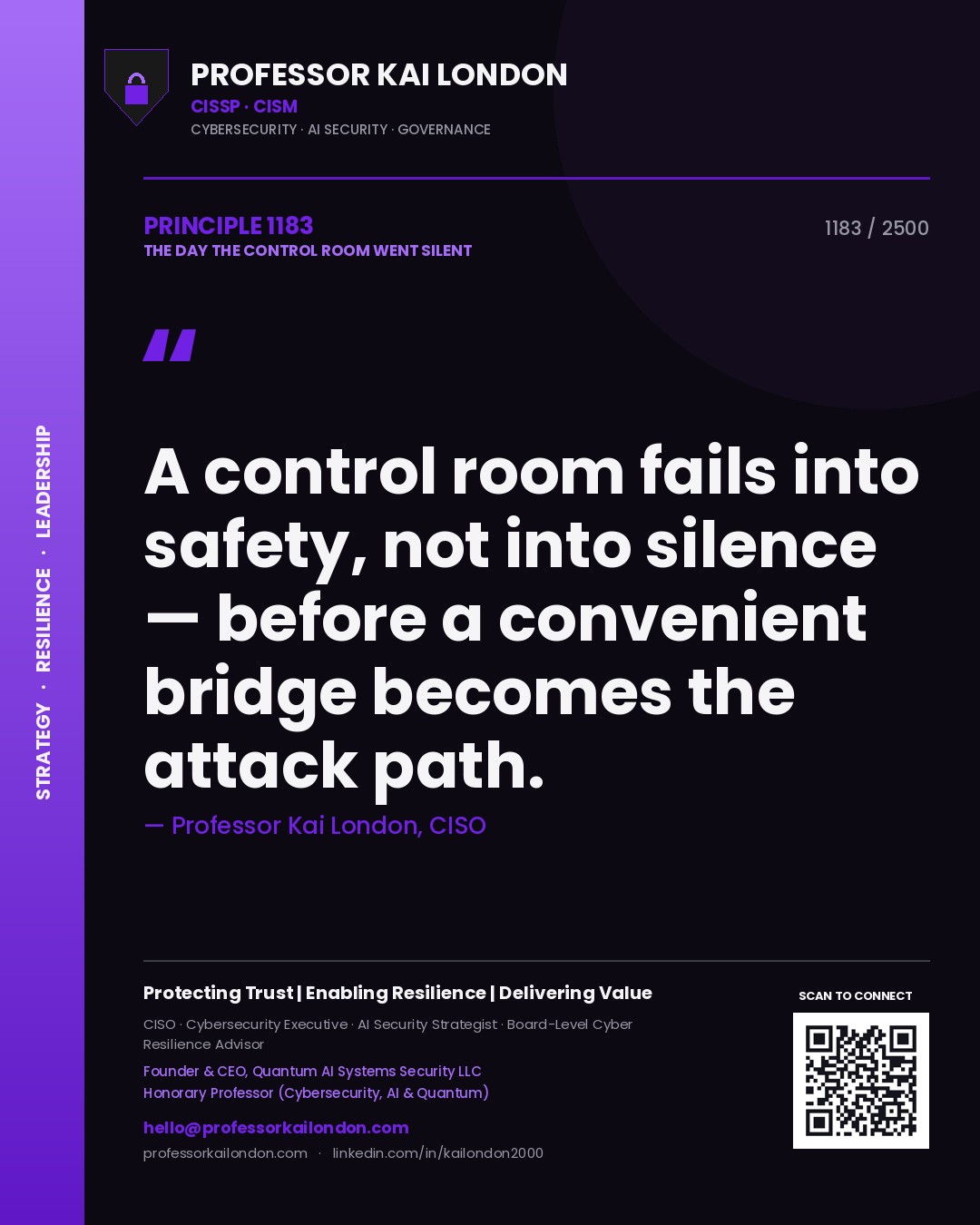 Quote card by Professor Kai London reading 'A control room fails into safety, not into silence — before a convenient bridge becomes the attack path.'. From the book The Day the Control Room Went Silent.