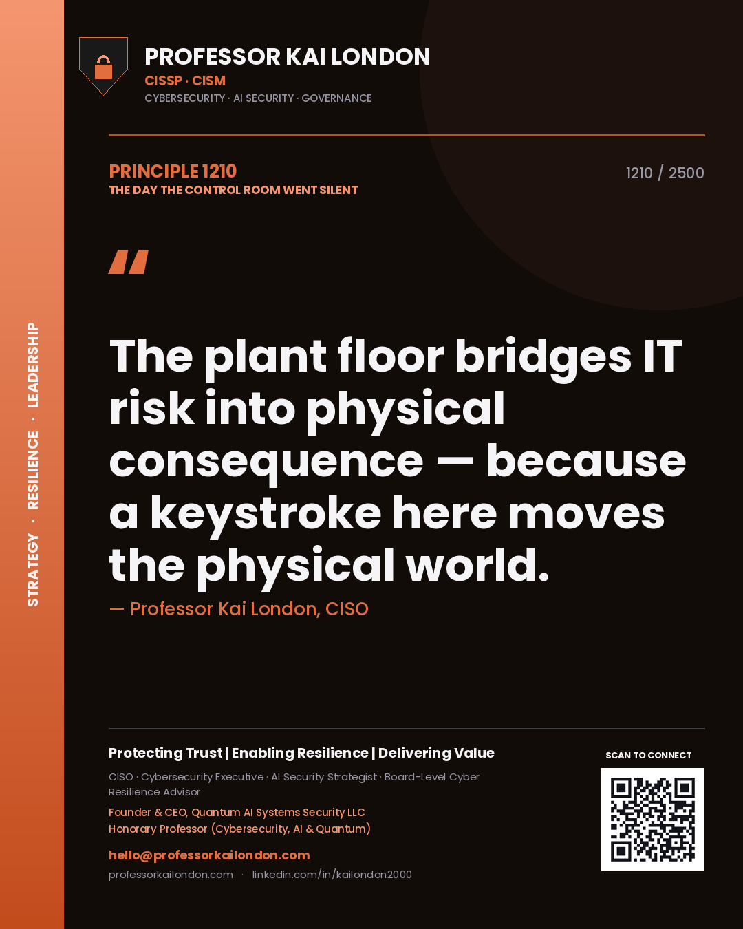 Quote card by Professor Kai London reading 'The plant floor bridges IT risk into physical consequence — because a keystroke here moves the physical world.'. From the book The Day the Control Room Went Silent.
