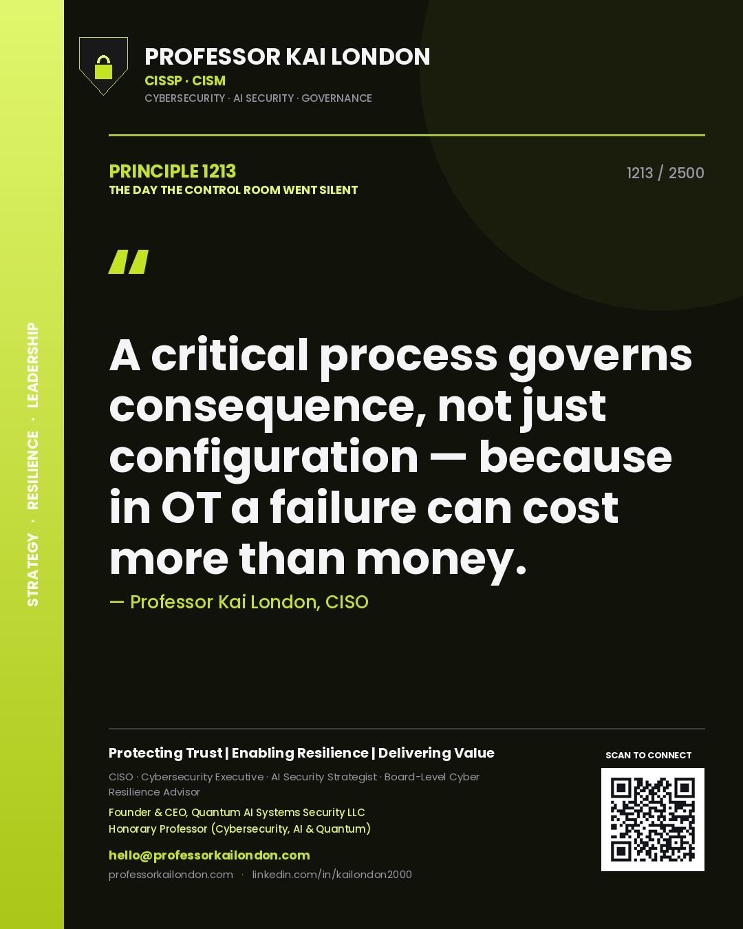 Quote card by Professor Kai London reading 'A critical process governs consequence, not just configuration — because in OT a failure can cost more than money.'. From the book The Day the Control Room Went Silent.