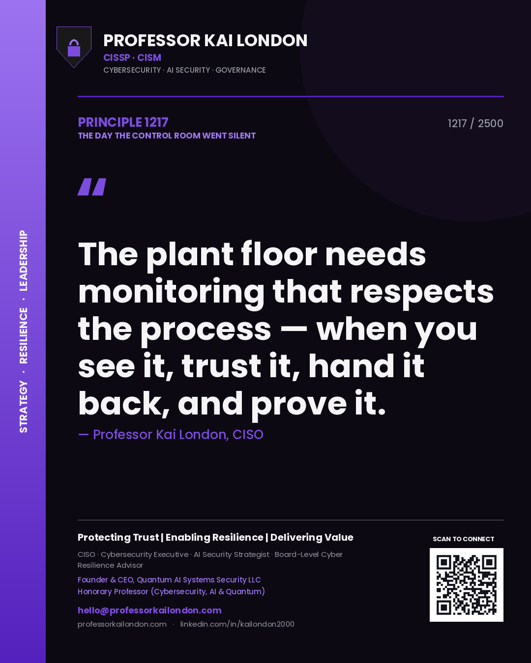 Quote card by Professor Kai London reading 'The plant floor needs monitoring that respects the process — when you see it, trust it, hand it back, and prove it.'. From the book The Day the Control Room Went Silent.