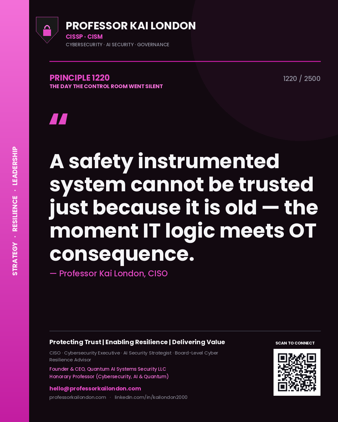 Quote card by Professor Kai London reading 'A safety instrumented system cannot be trusted just because it is old — the moment IT logic meets OT consequence.'. From the book The Day the Control Room Went Silent.