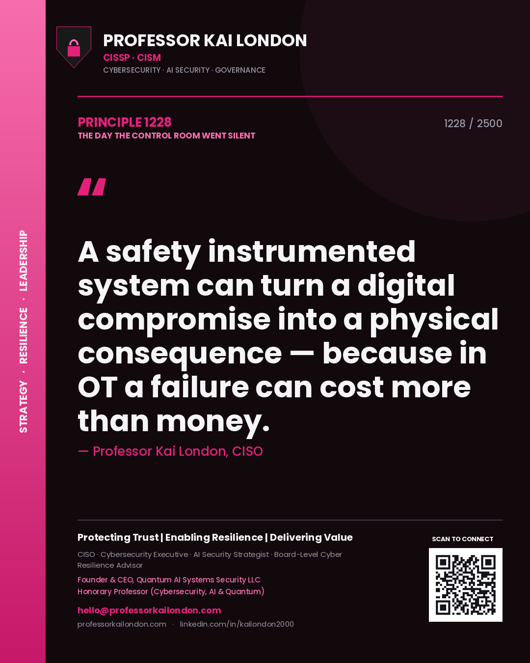 Quote card by Professor Kai London reading 'A safety instrumented system can turn a digital compromise into a physical consequence — because in OT a failure can cost more than money.'. From the book The Day the Control Room Went Silent.