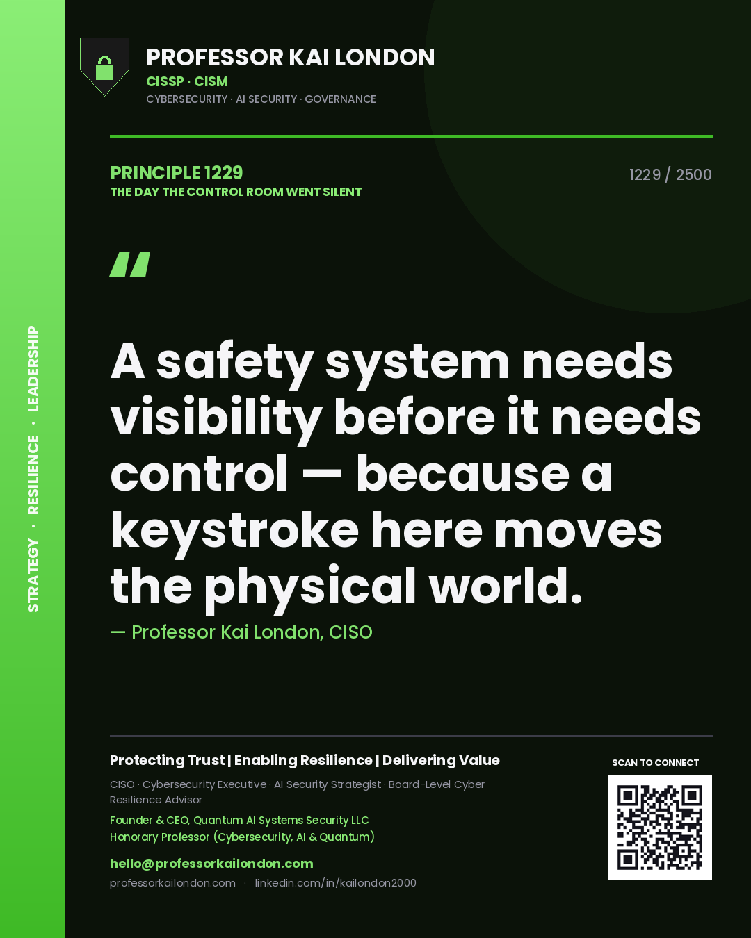 Quote card by Professor Kai London reading 'A safety system needs visibility before it needs control — because a keystroke here moves the physical world.'. From the book The Day the Control Room Went Silent.
