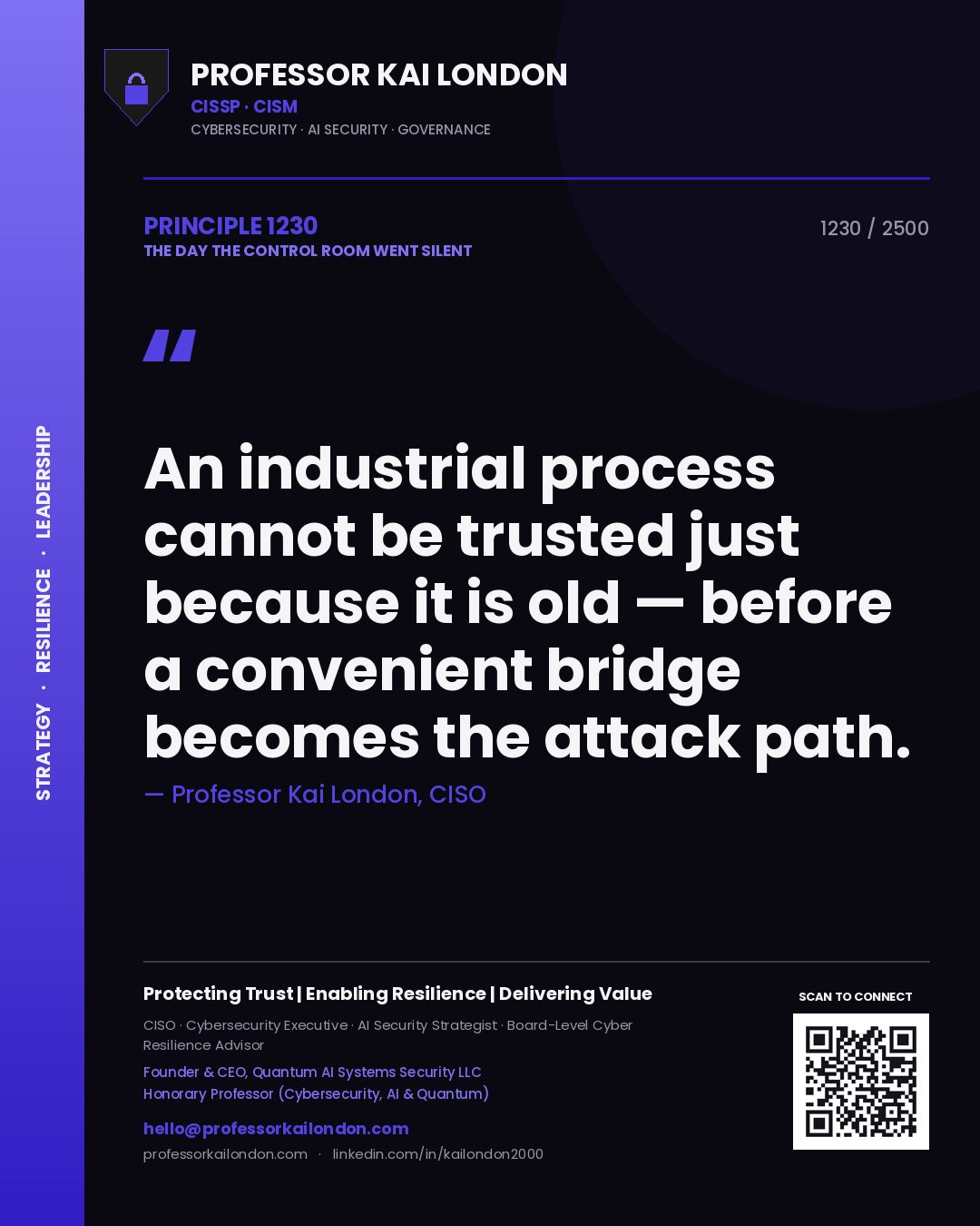 Quote card by Professor Kai London reading 'An industrial process cannot be trusted just because it is old — before a convenient bridge becomes the attack path.'. From the book The Day the Control Room Went Silent.