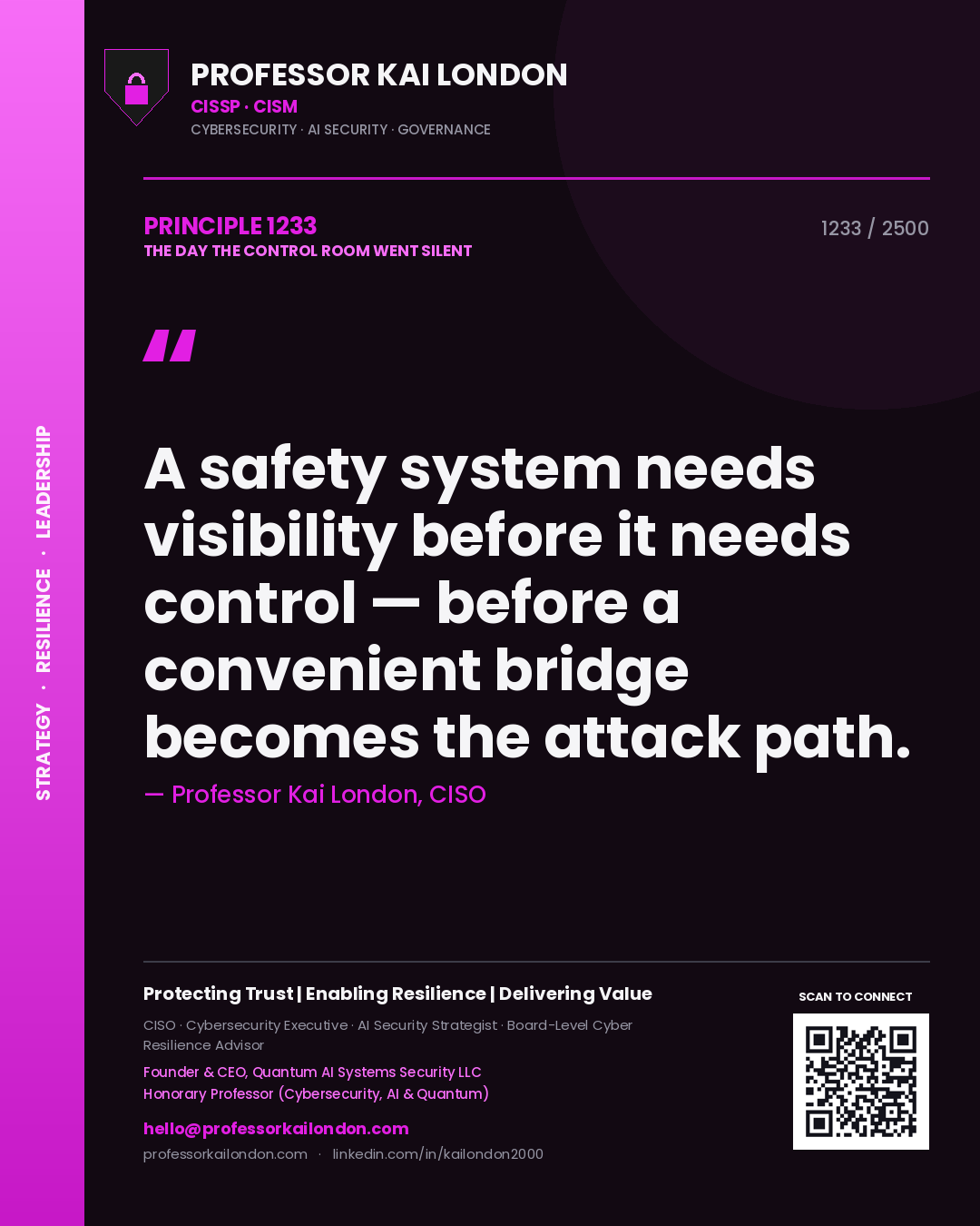 Quote card by Professor Kai London reading 'A safety system needs visibility before it needs control — before a convenient bridge becomes the attack path.'. From the book The Day the Control Room Went Silent.