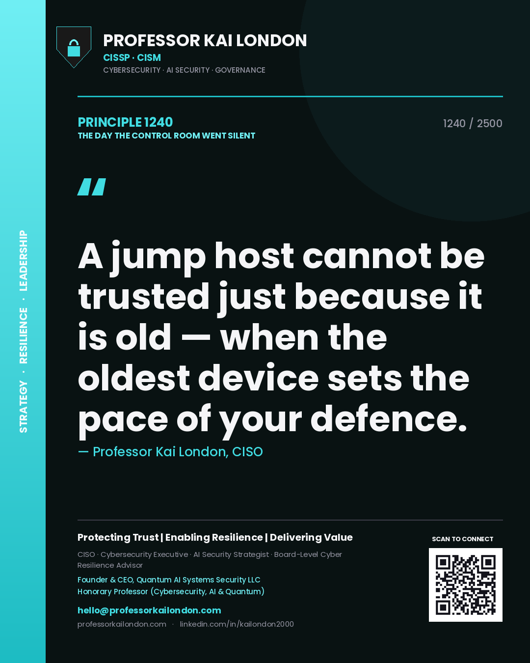 Professor Kai London principle 1240: A jump host cannot be trusted just because it is old — when the oldest device sets the pace of your defence.