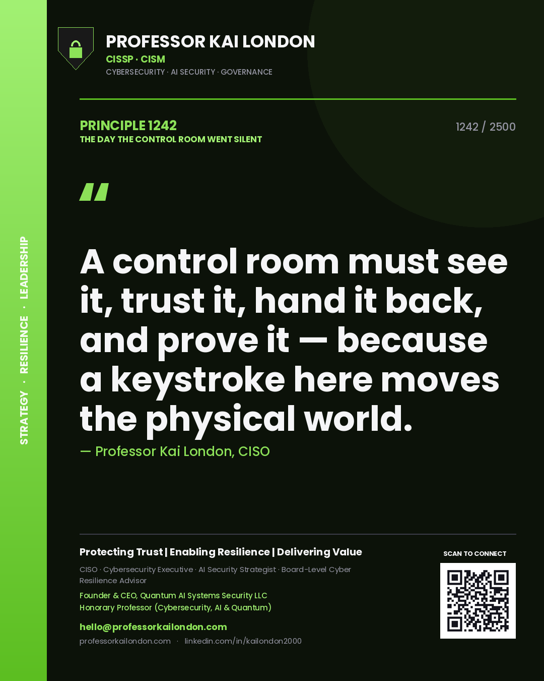 Professor Kai London principle 1242: A control room must see it, trust it, hand it back, and prove it — because a keystroke here moves the physical world.