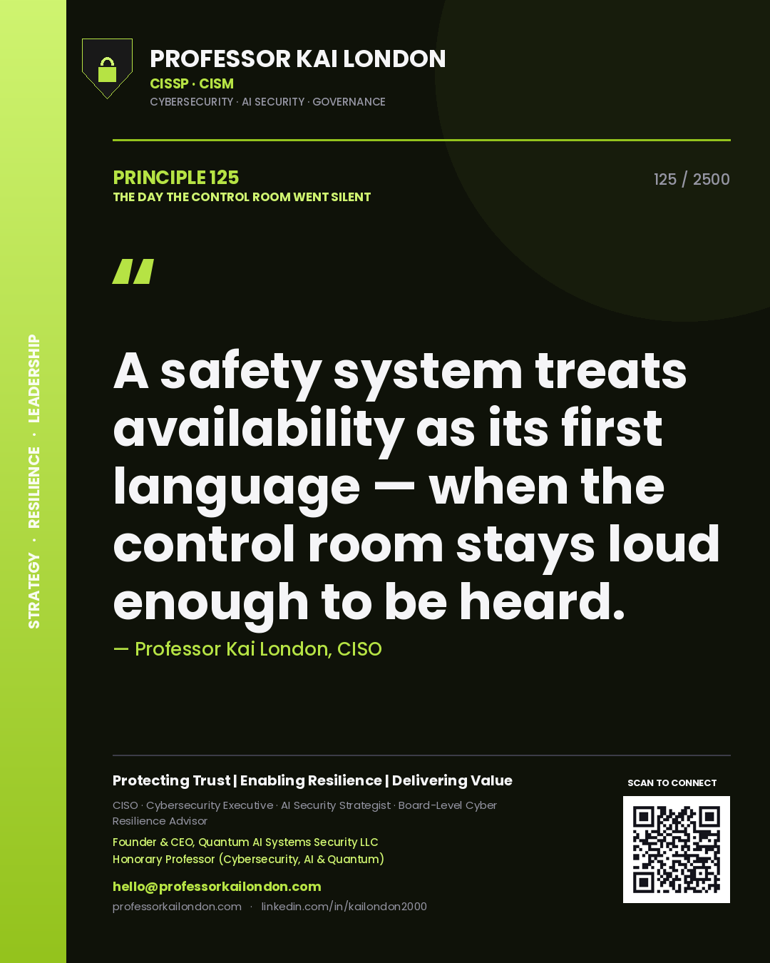 Quote card by Professor Kai London reading 'A safety system treats availability as its first language — when the control room stays loud enough to be heard.'. From the book The Day the Control Room Went Silent.