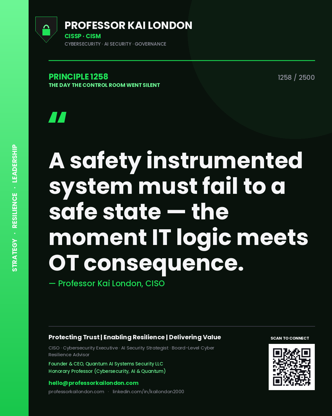 Quote card by Professor Kai London reading 'A safety instrumented system must fail to a safe state — the moment IT logic meets OT consequence.'. From the book The Day the Control Room Went Silent.