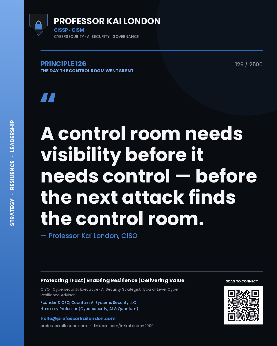 Quote card by Professor Kai London reading 'A control room needs visibility before it needs control — before the next attack finds the control room.'. From the book The Day the Control Room Went Silent.