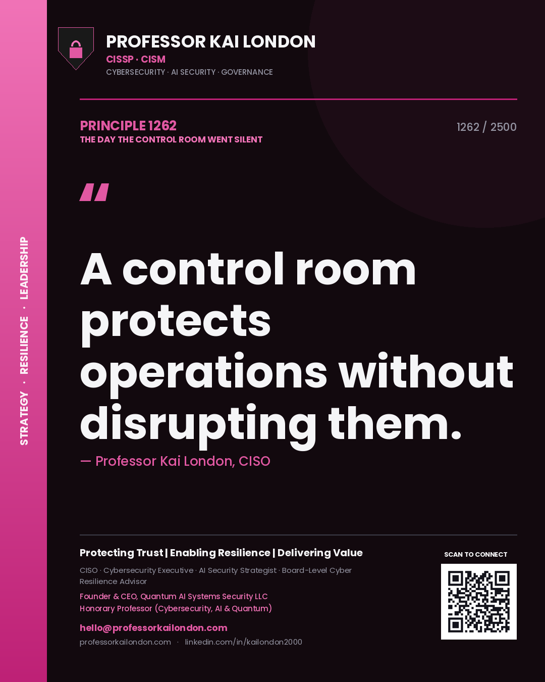 Quote card by Professor Kai London reading 'A control room protects operations without disrupting them.'. From the book The Day the Control Room Went Silent.