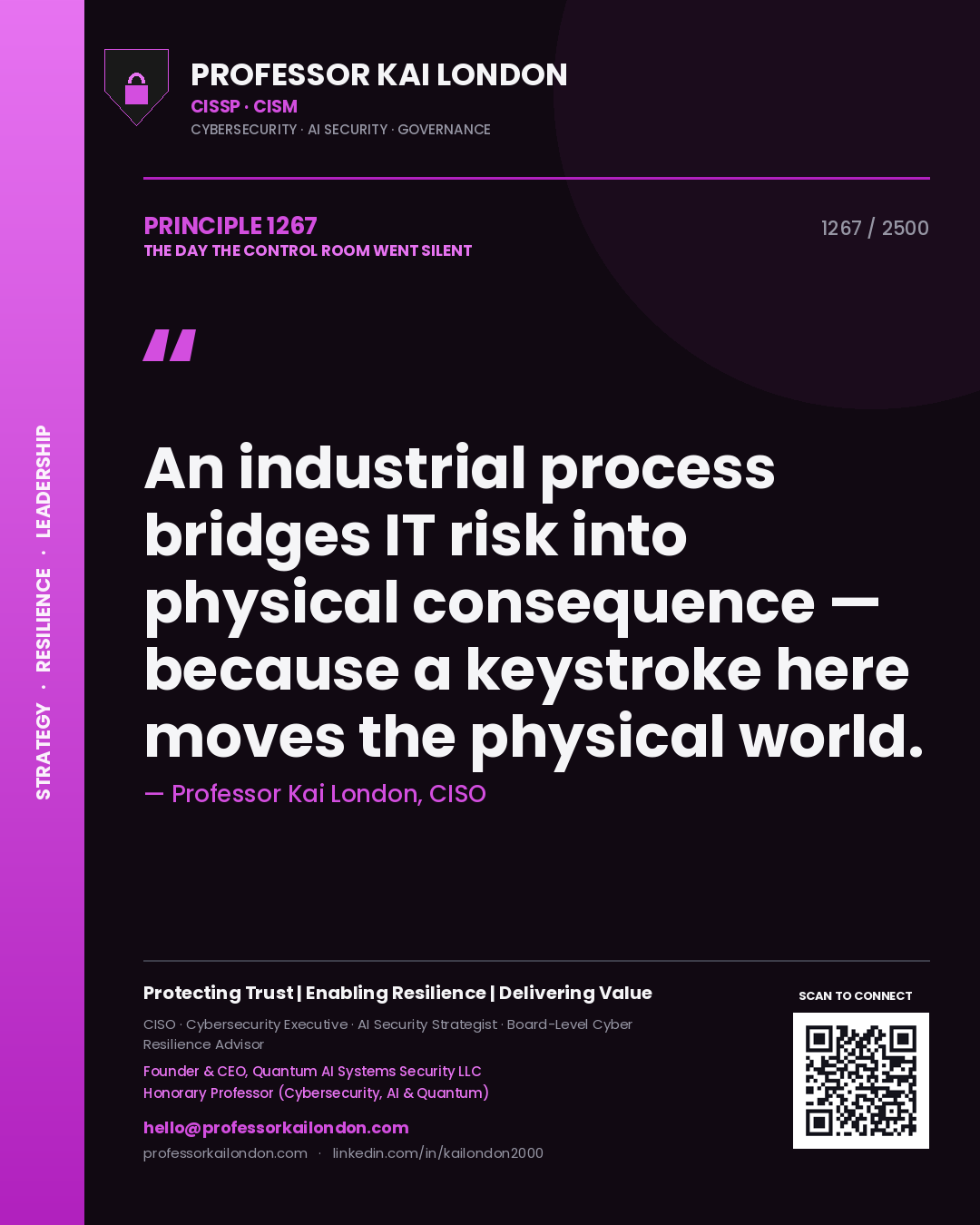 Quote card by Professor Kai London reading 'An industrial process bridges IT risk into physical consequence — because a keystroke here moves the physical world.'. From the book The Day the Control Room Went Silent.