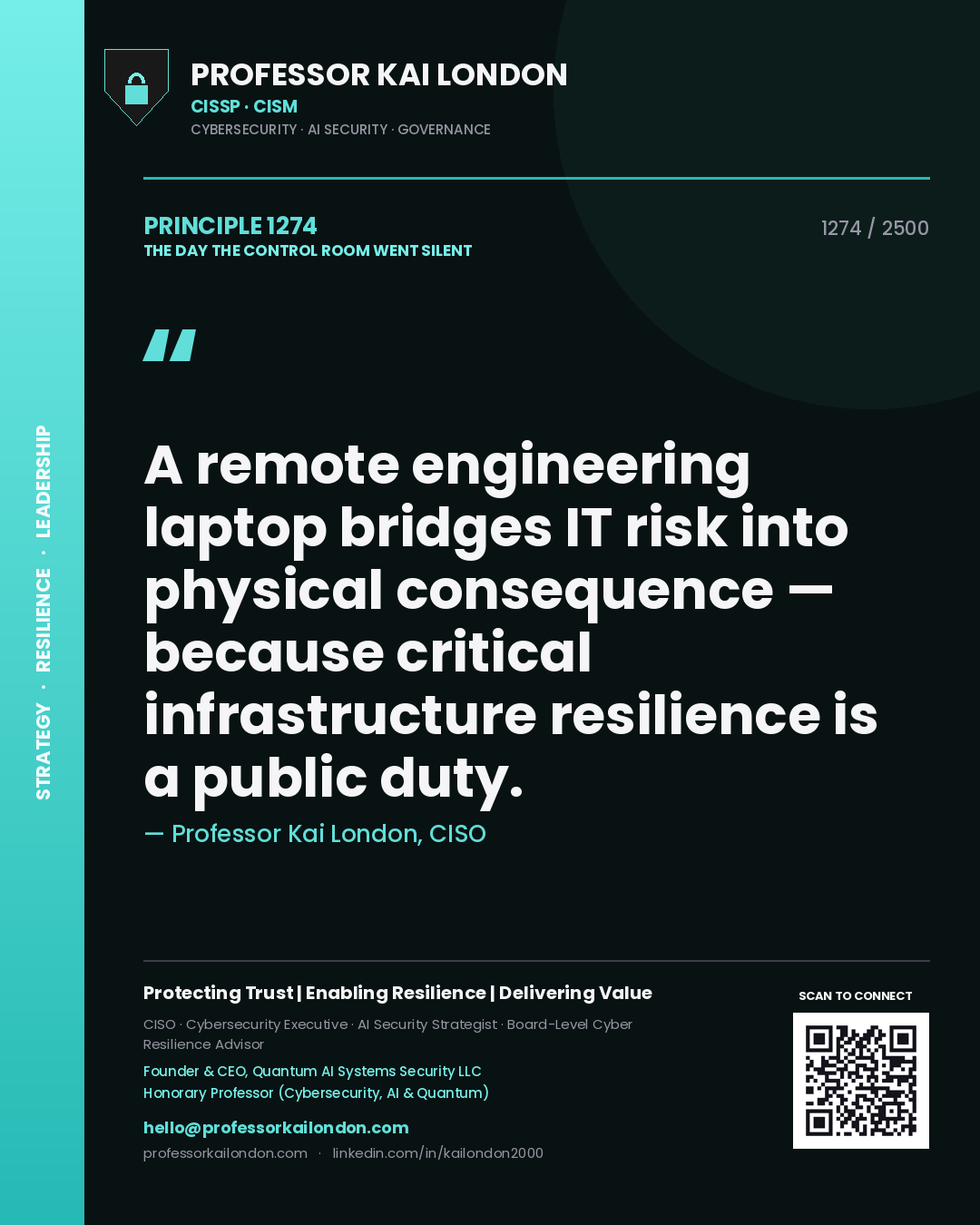 Professor Kai London principle 1274: A remote engineering laptop bridges IT risk into physical consequence — because critical infrastructure resilience is a public duty.