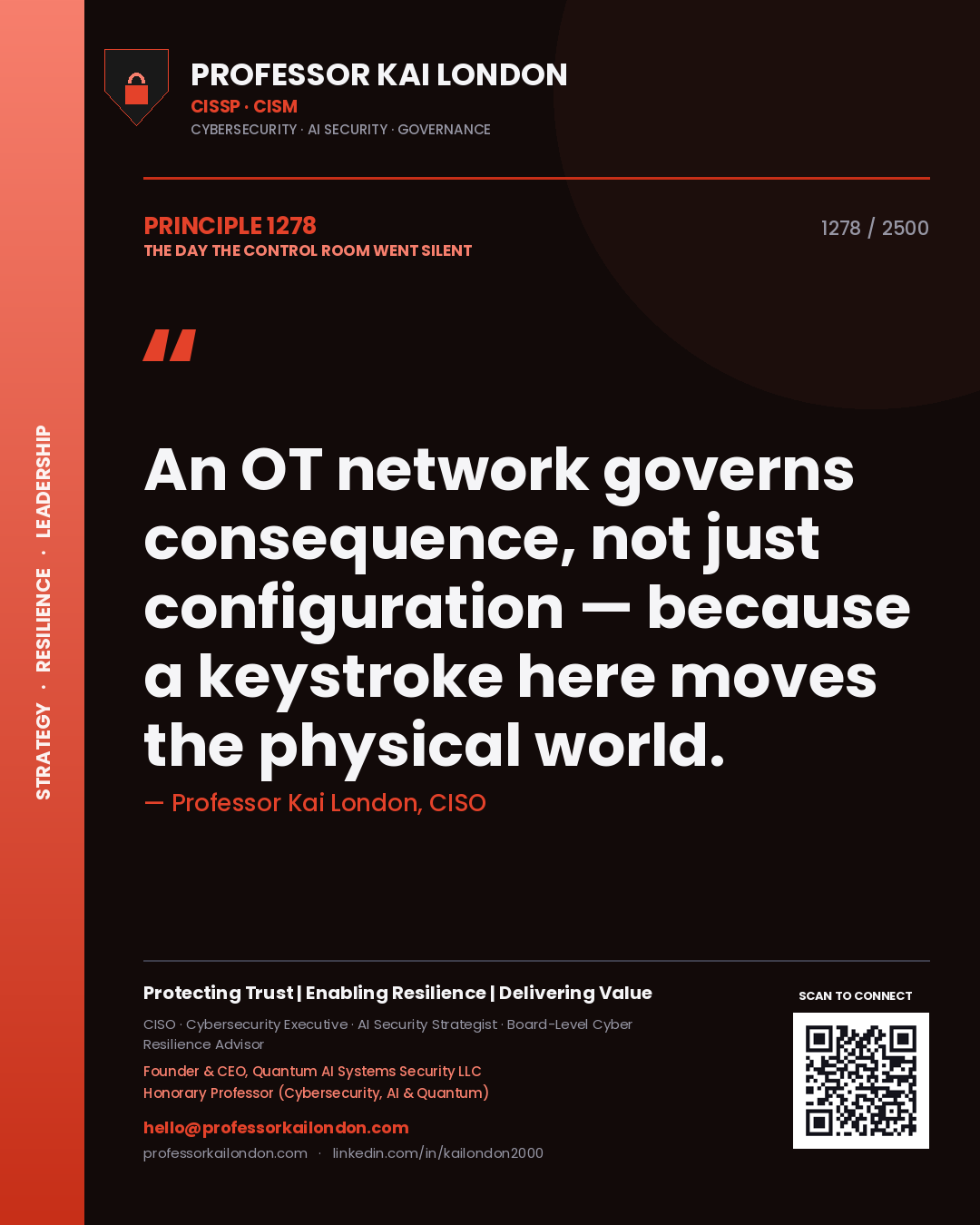 Quote card by Professor Kai London reading 'An OT network governs consequence, not just configuration — because a keystroke here moves the physical world.'. From the book The Day the Control Room Went Silent.