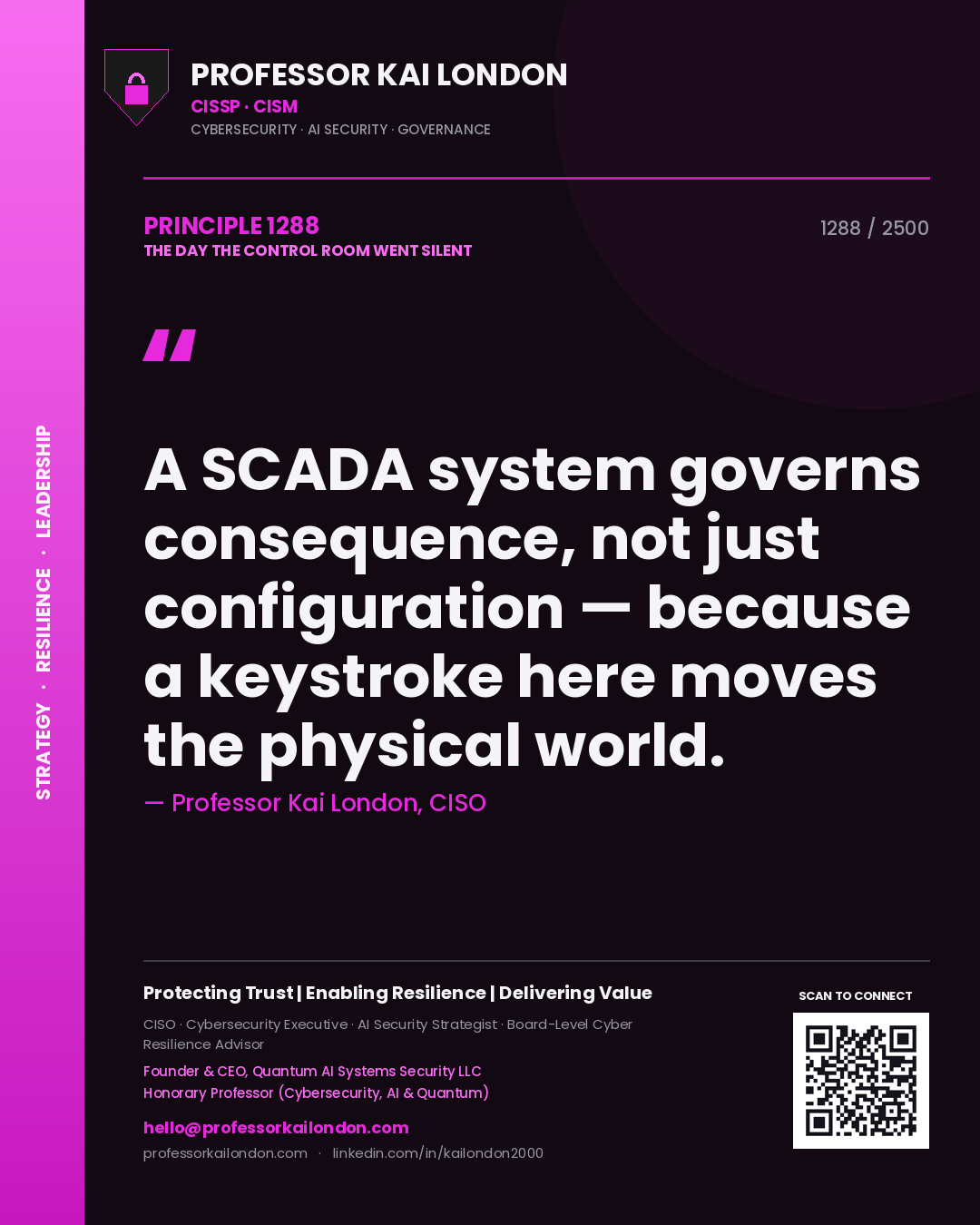 Professor Kai London principle 1288: A SCADA system governs consequence, not just configuration — because a keystroke here moves the physical world.
