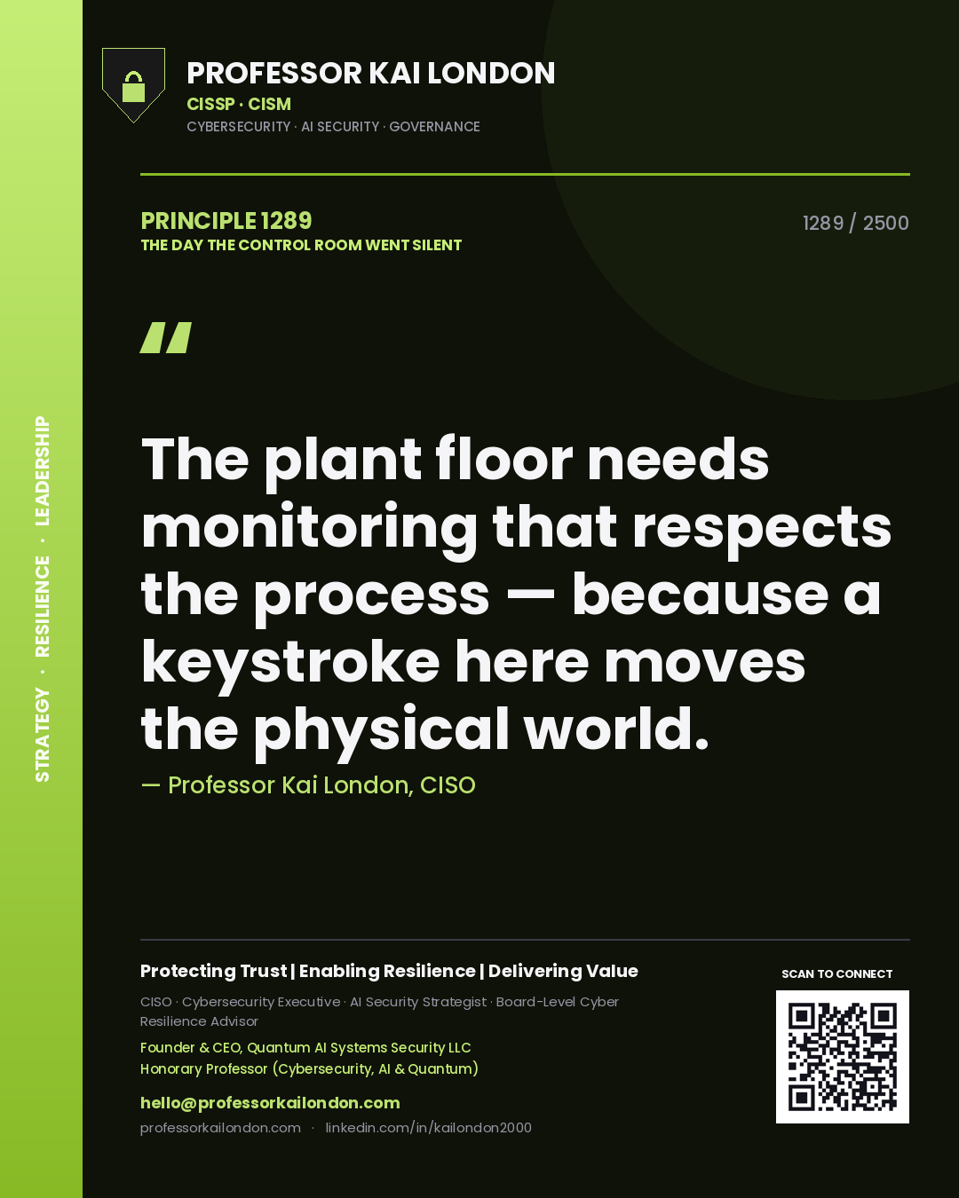 Quote card by Professor Kai London reading 'The plant floor needs monitoring that respects the process — because a keystroke here moves the physical world.'. From the book The Day the Control Room Went Silent.