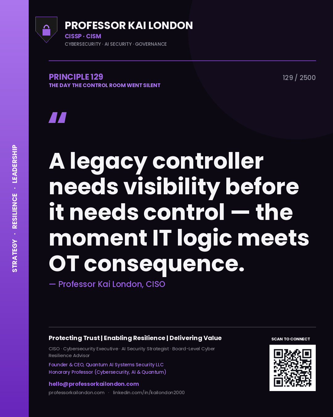 Quote card by Professor Kai London reading 'A legacy controller needs visibility before it needs control — the moment IT logic meets OT consequence.'. From the book The Day the Control Room Went Silent.