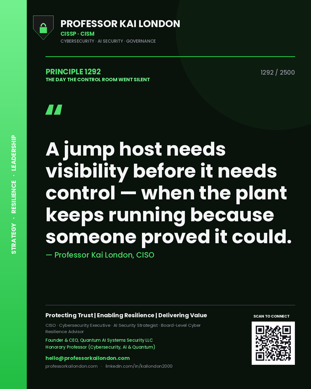 Professor Kai London principle 1292: A jump host needs visibility before it needs control — when the plant keeps running because someone proved it could.
