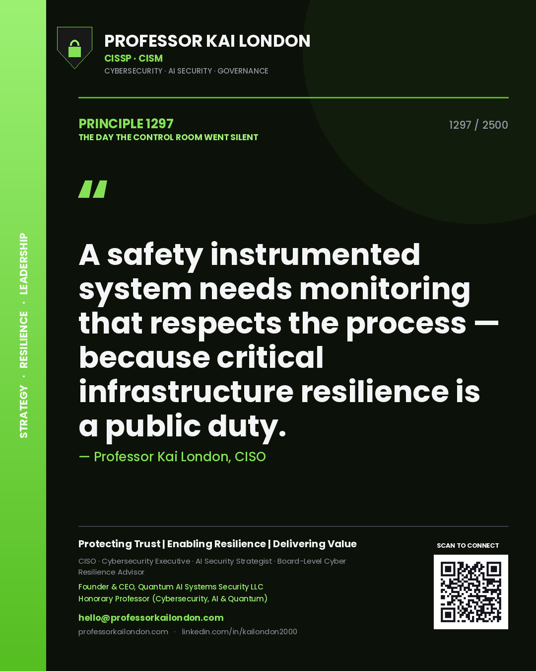Professor Kai London principle 1297: A safety instrumented system needs monitoring that respects the process — because critical infrastructure resilience is a public duty.