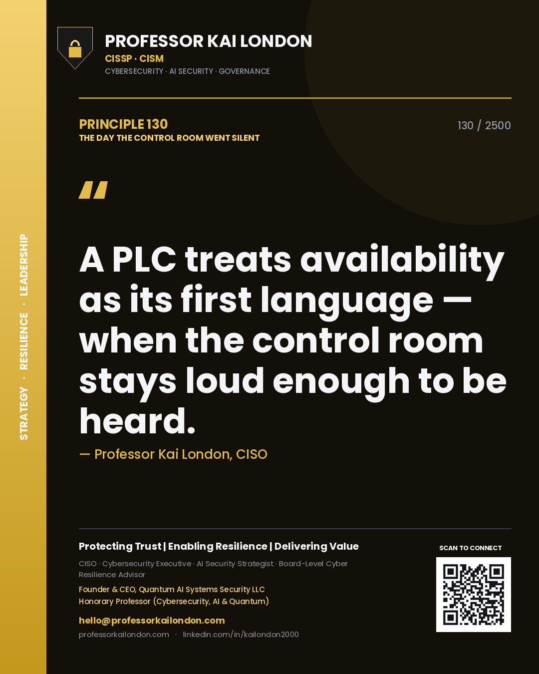 Quote card by Professor Kai London reading 'A PLC treats availability as its first language — when the control room stays loud enough to be heard.'. From the book The Day the Control Room Went Silent.