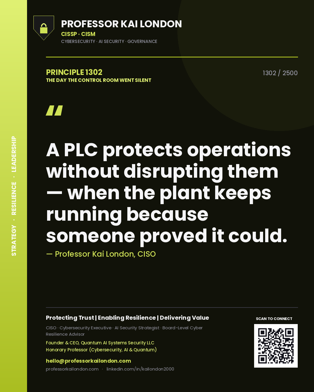 Quote card by Professor Kai London reading 'A PLC protects operations without disrupting them — when the plant keeps running because someone proved it could.'. From the book The Day the Control Room Went Silent.