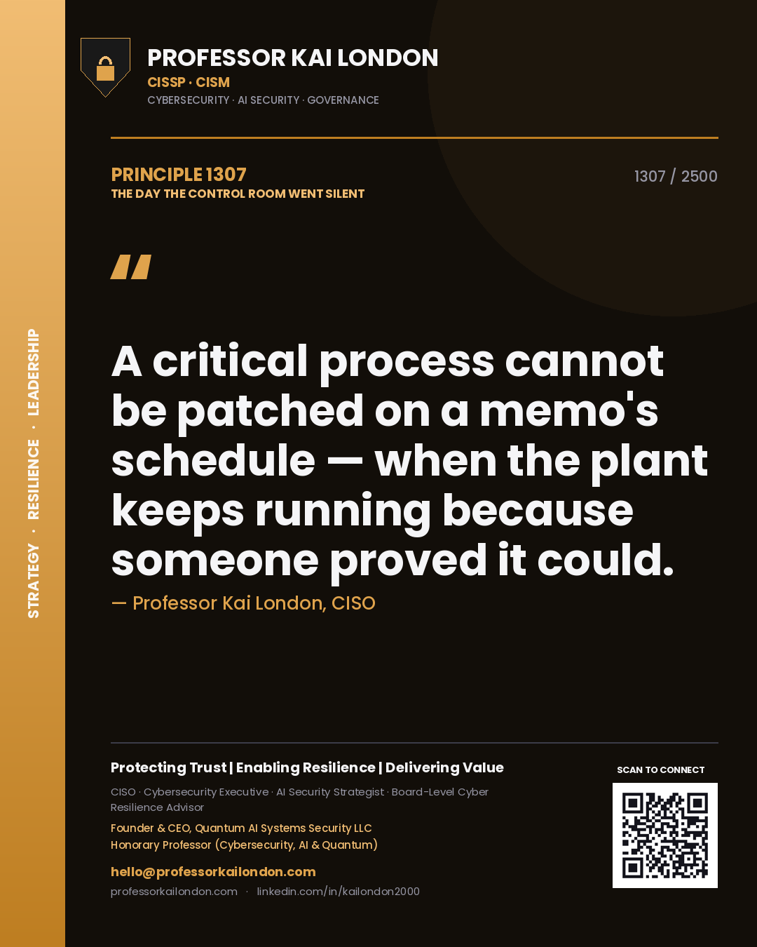Quote card by Professor Kai London reading 'A critical process cannot be patched on a memo's schedule — when the plant keeps running because someone proved it could.'. From the book The Day the Control Room Went Silent.