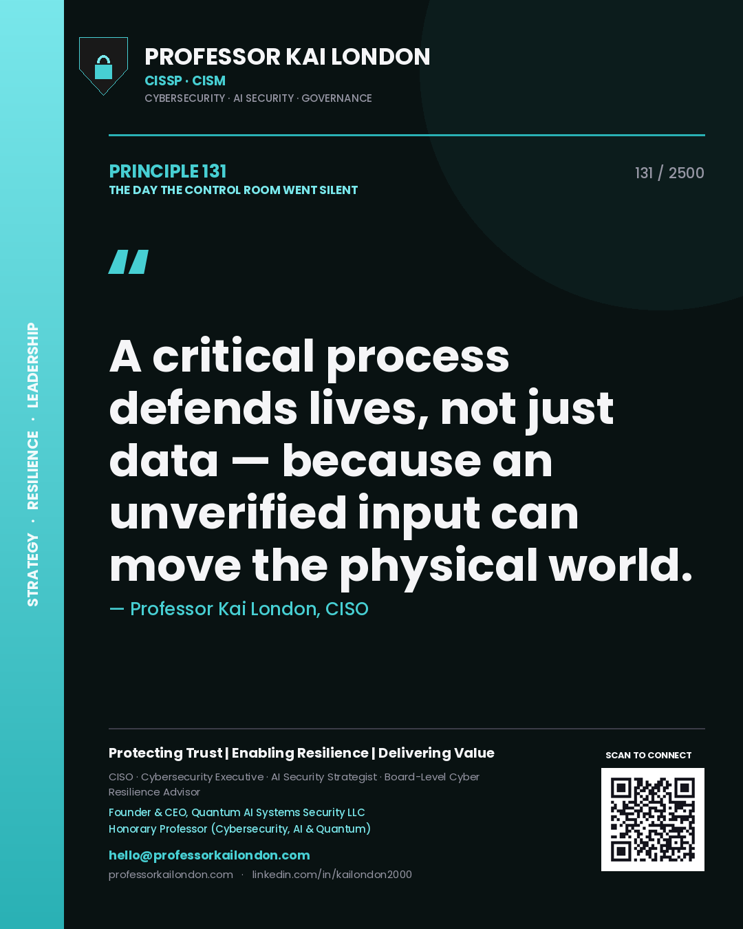 Quote card by Professor Kai London reading 'A critical process defends lives, not just data — because an unverified input can move the physical world.'. From the book The Day the Control Room Went Silent.