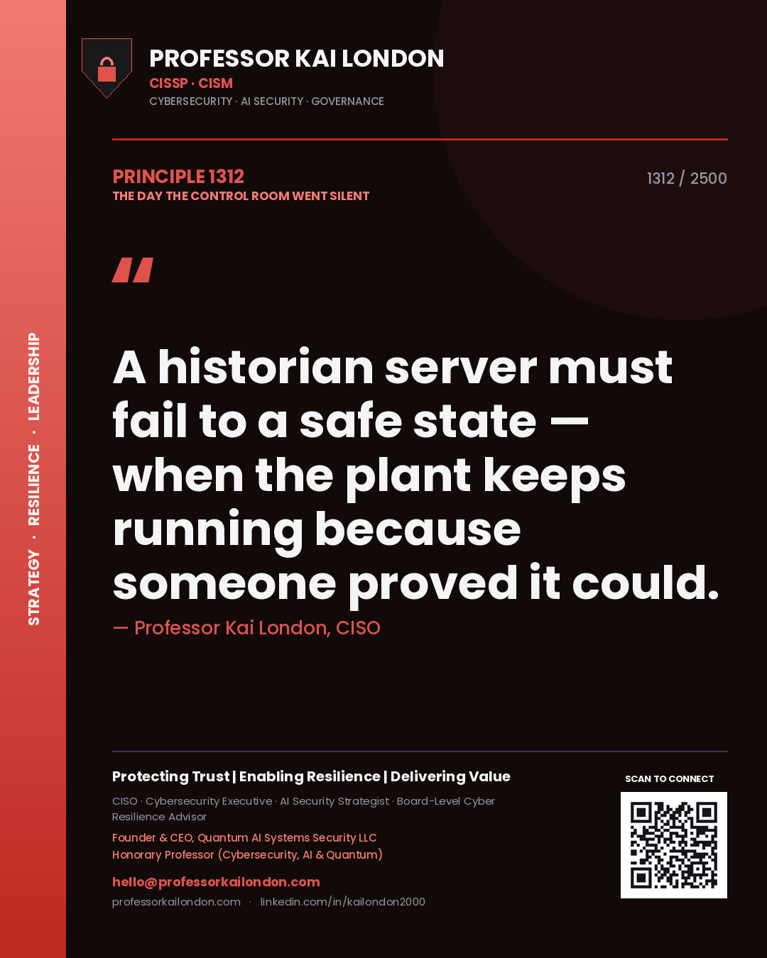 Quote card by Professor Kai London reading 'A historian server must fail to a safe state — when the plant keeps running because someone proved it could.'. From the book The Day the Control Room Went Silent.