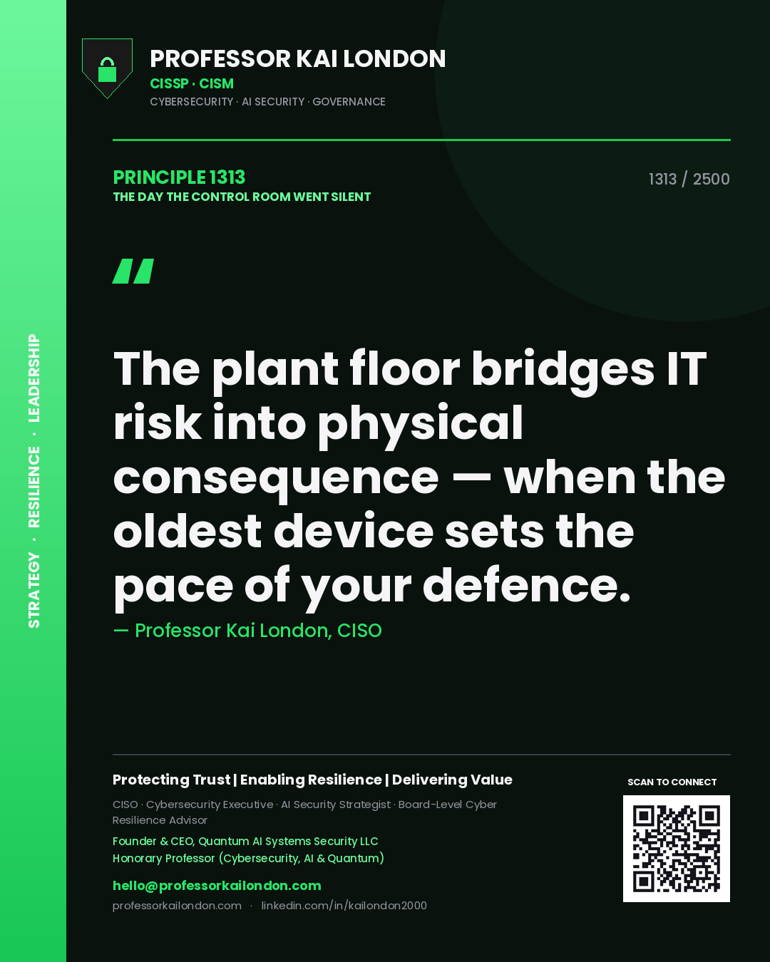 Quote card by Professor Kai London reading 'The plant floor bridges IT risk into physical consequence — when the oldest device sets the pace of your defence.'. From the book The Day the Control Room Went Silent.