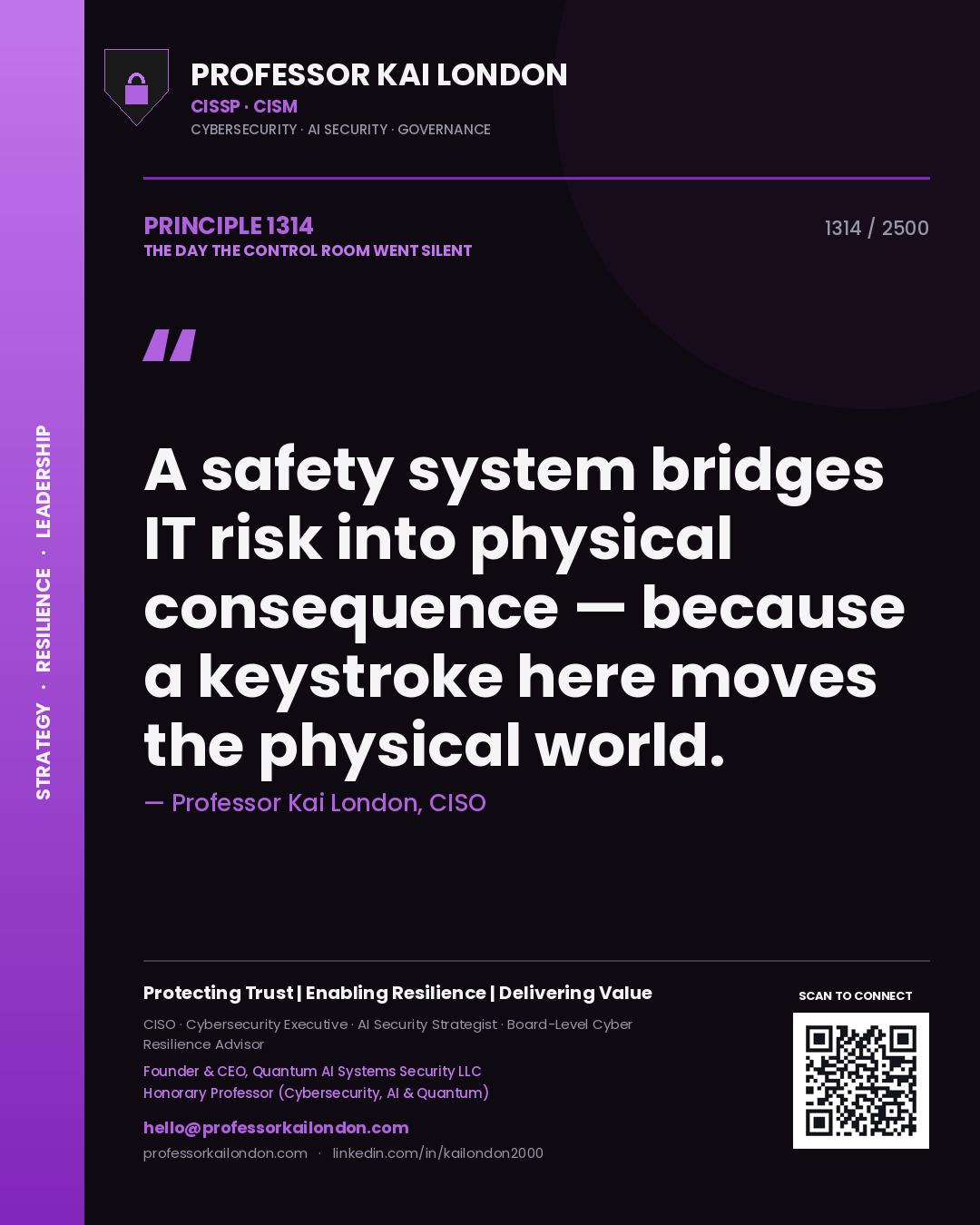 Quote card by Professor Kai London reading 'A safety system bridges IT risk into physical consequence — because a keystroke here moves the physical world.'. From the book The Day the Control Room Went Silent.