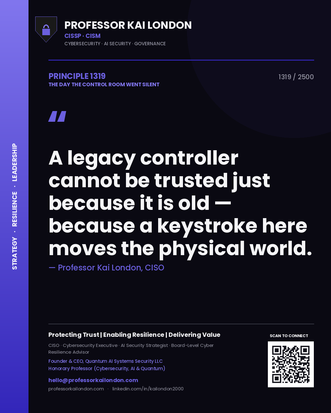 Quote card by Professor Kai London reading 'A legacy controller cannot be trusted just because it is old — because a keystroke here moves the physical world.'. From the book The Day the Control Room Went Silent.