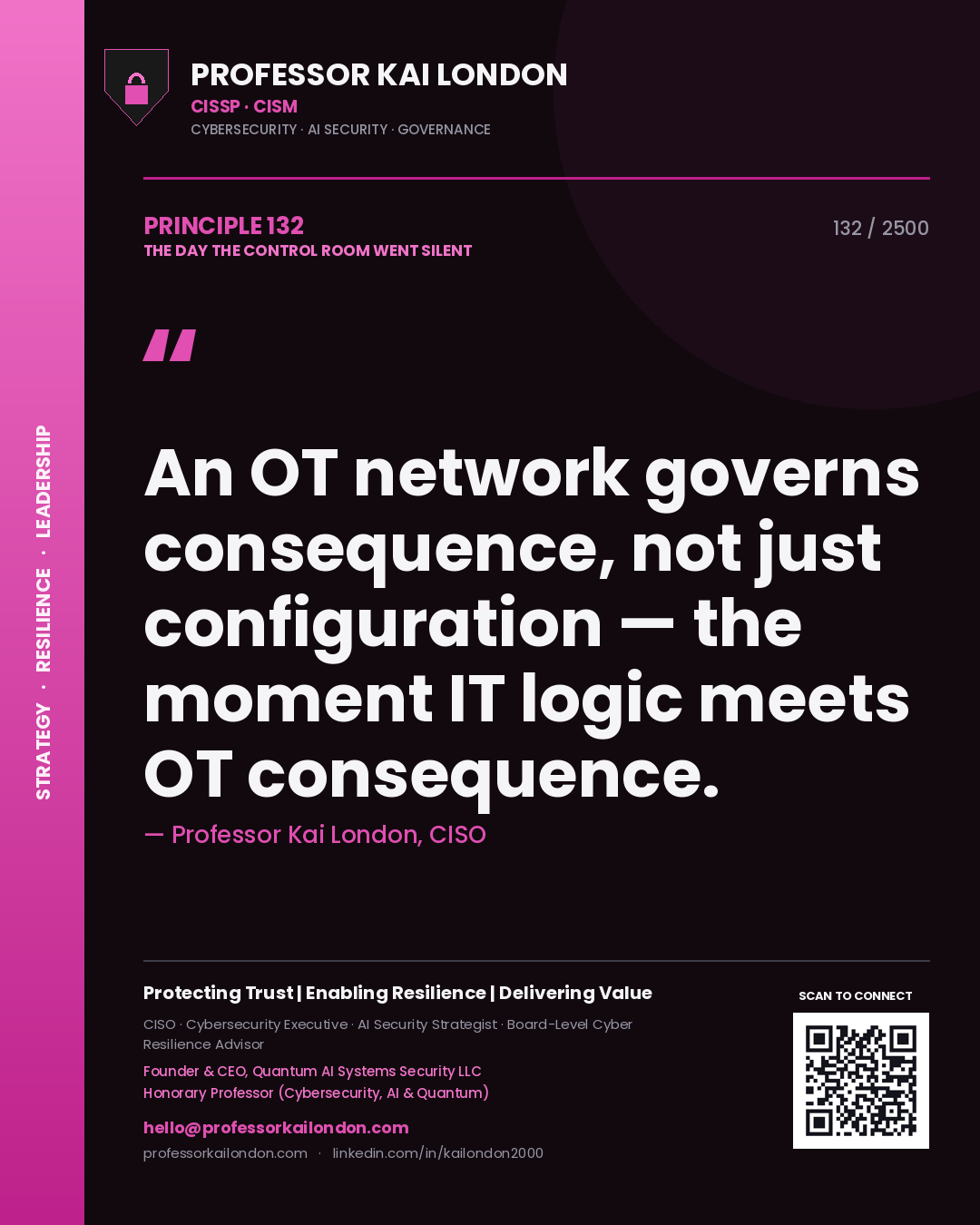 Quote card by Professor Kai London reading 'An OT network governs consequence, not just configuration — the moment IT logic meets OT consequence.'. From the book The Day the Control Room Went Silent.