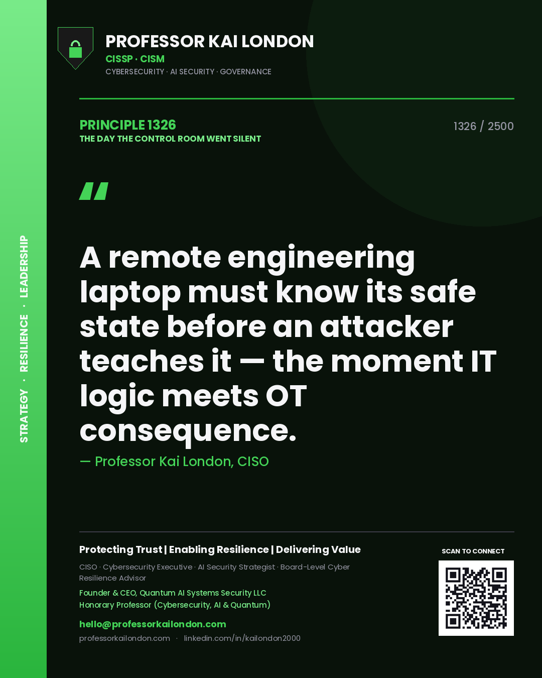 Quote card by Professor Kai London reading 'A remote engineering laptop must know its safe state before an attacker teaches it — the moment IT logic meets OT consequence.'. From the book The Day the Control Room Went Silent.