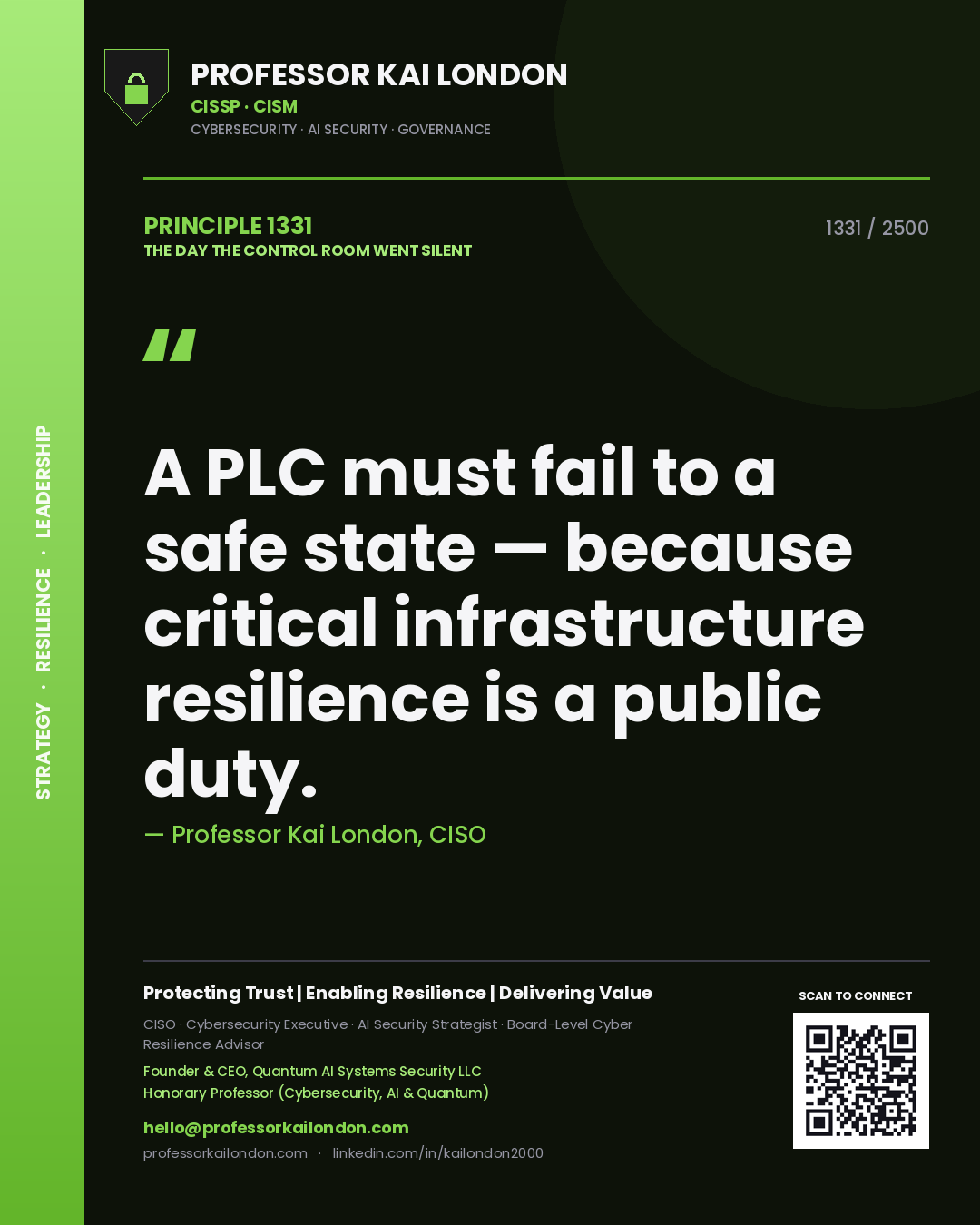Quote card by Professor Kai London reading 'A PLC must fail to a safe state — because critical infrastructure resilience is a public duty.'. From the book The Day the Control Room Went Silent.