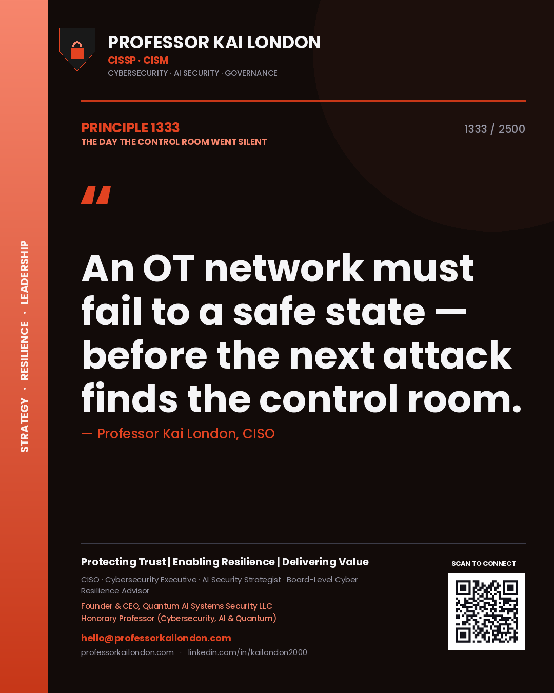 Quote card by Professor Kai London reading 'An OT network must fail to a safe state — before the next attack finds the control room.'. From the book The Day the Control Room Went Silent.