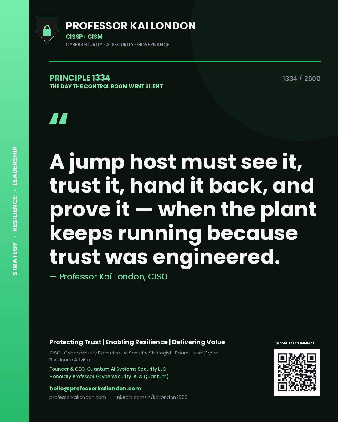 Quote card by Professor Kai London reading 'A jump host must see it, trust it, hand it back, and prove it — when the plant keeps running because trust was engineered.'. From the book The Day the Control Room Went Silent.