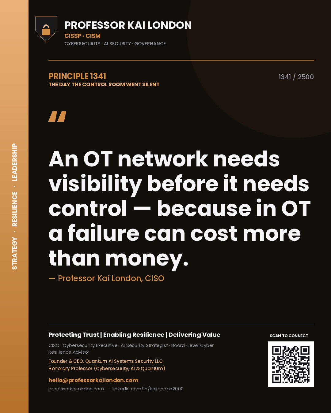 Quote card by Professor Kai London reading 'An OT network needs visibility before it needs control — because in OT a failure can cost more than money.'. From the book The Day the Control Room Went Silent.