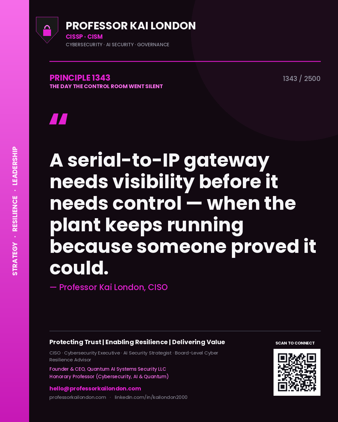 Quote card by Professor Kai London reading 'A serial-to-IP gateway needs visibility before it needs control — when the plant keeps running because someone proved it could.'. From the book The Day the Control Room Went Silent.