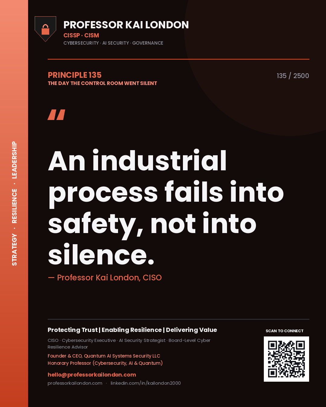 Quote card by Professor Kai London reading 'An industrial process fails into safety, not into silence.'. From the book The Day the Control Room Went Silent.