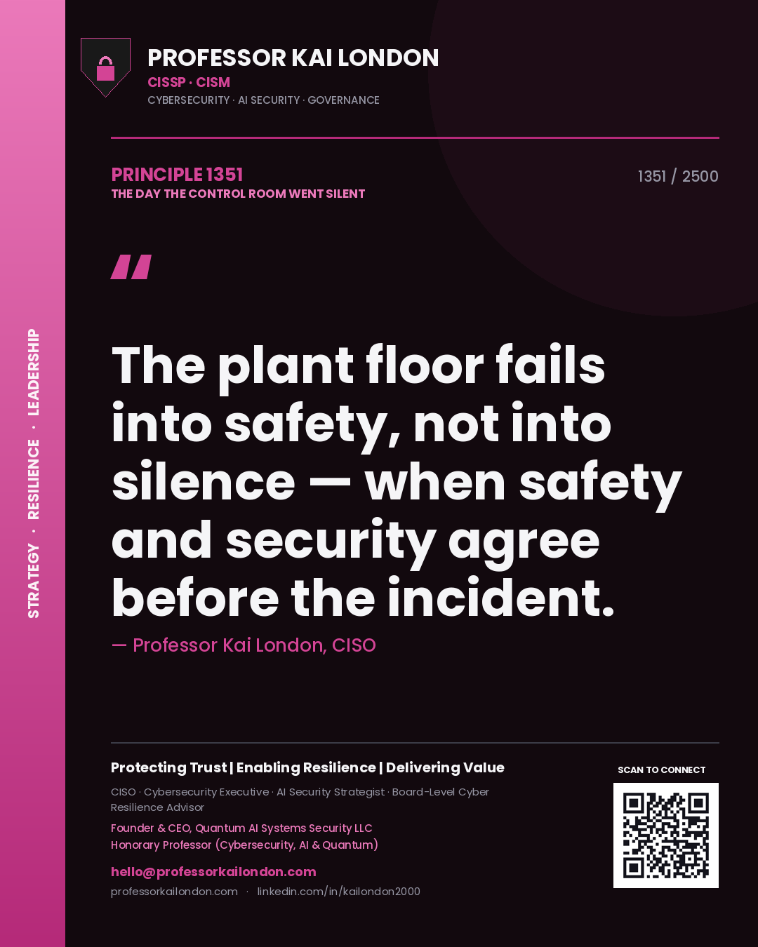Quote card by Professor Kai London reading 'The plant floor fails into safety, not into silence — when safety and security agree before the incident.'. From the book The Day the Control Room Went Silent.