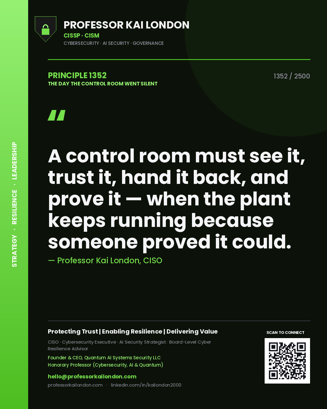 Quote card by Professor Kai London reading 'A control room must see it, trust it, hand it back, and prove it — when the plant keeps running because someone proved it could.'. From the book The Day the Control Room Went Silent.
