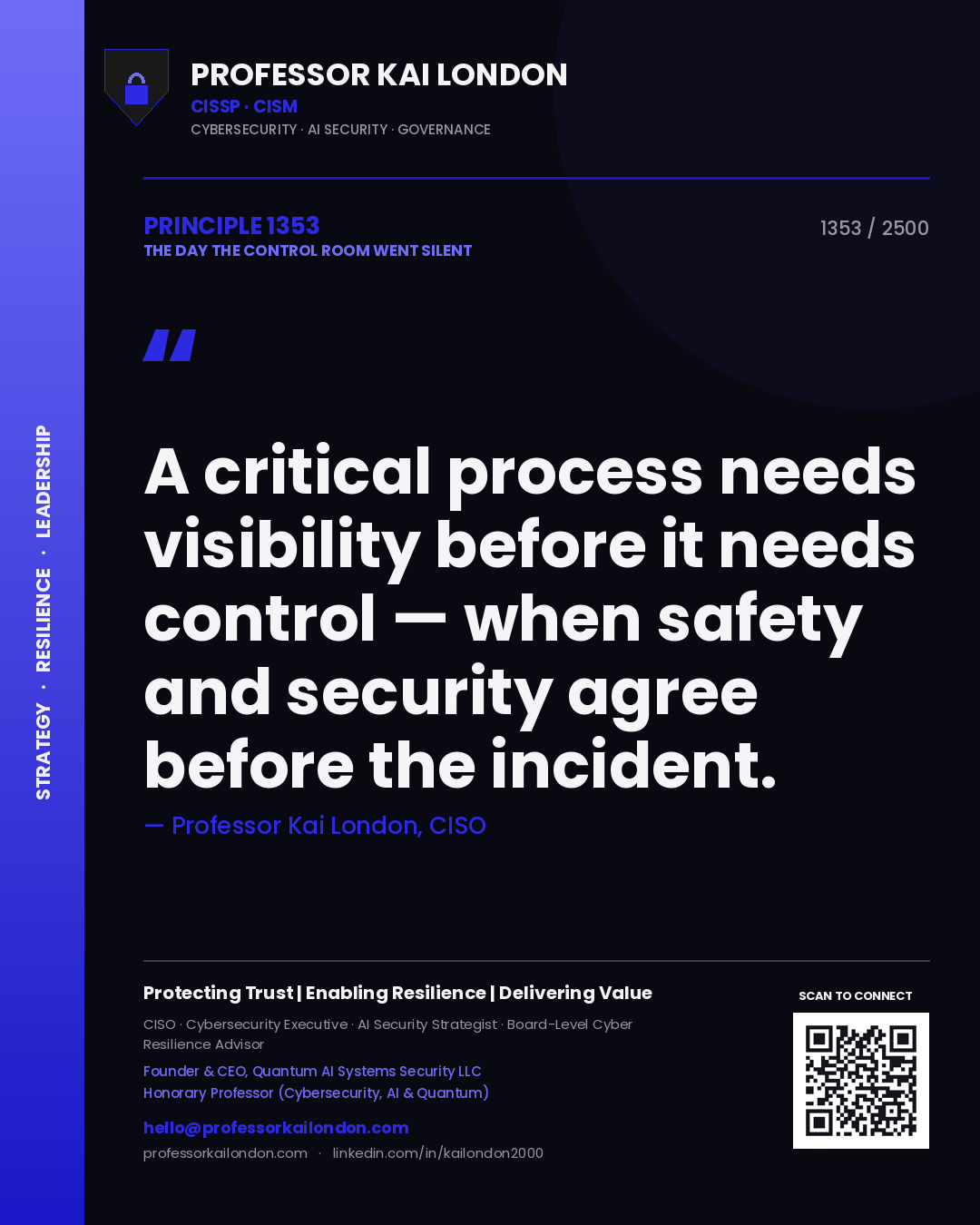 Quote card by Professor Kai London reading 'A critical process needs visibility before it needs control — when safety and security agree before the incident.'. From the book The Day the Control Room Went Silent.