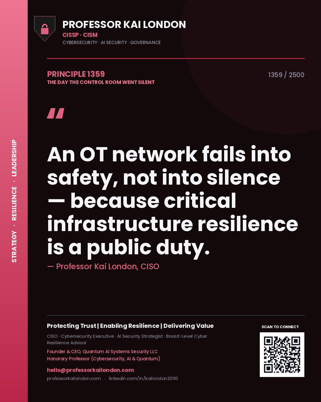 Quote card by Professor Kai London reading 'An OT network fails into safety, not into silence — because critical infrastructure resilience is a public duty.'. From the book The Day the Control Room Went Silent.