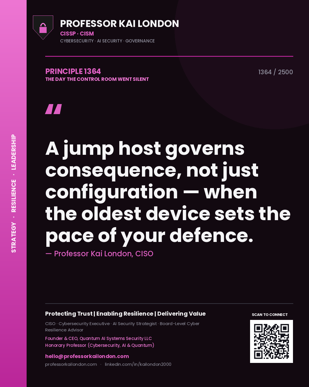 Quote card by Professor Kai London reading 'A jump host governs consequence, not just configuration — when the oldest device sets the pace of your defence.'. From the book The Day the Control Room Went Silent.