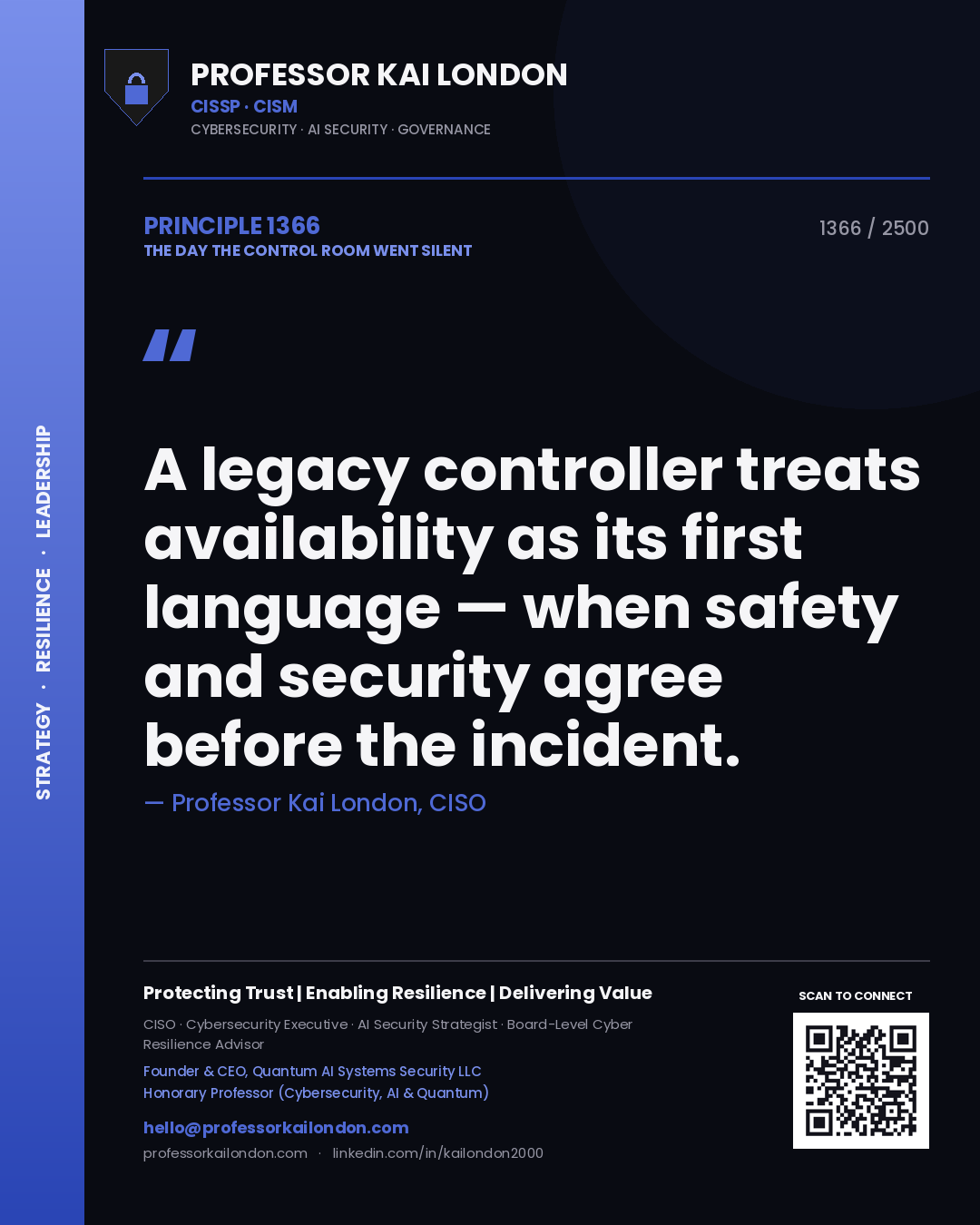 Quote card by Professor Kai London reading 'A legacy controller treats availability as its first language — when safety and security agree before the incident.'. From the book The Day the Control Room Went Silent.